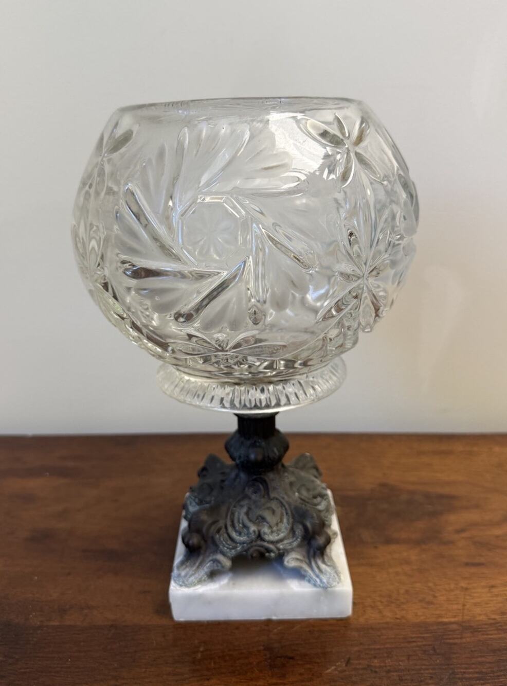 Vintage Hollywood Regency Glass Rose Bowl Compote Marble Pedestal 11"
